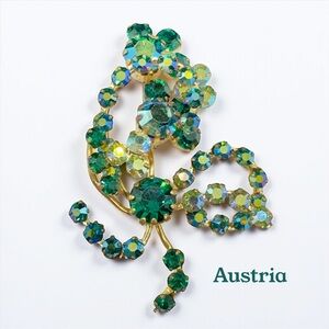 Vintage Hallmarked Austria Aurora Borealis Blue & Green Spray Brooch